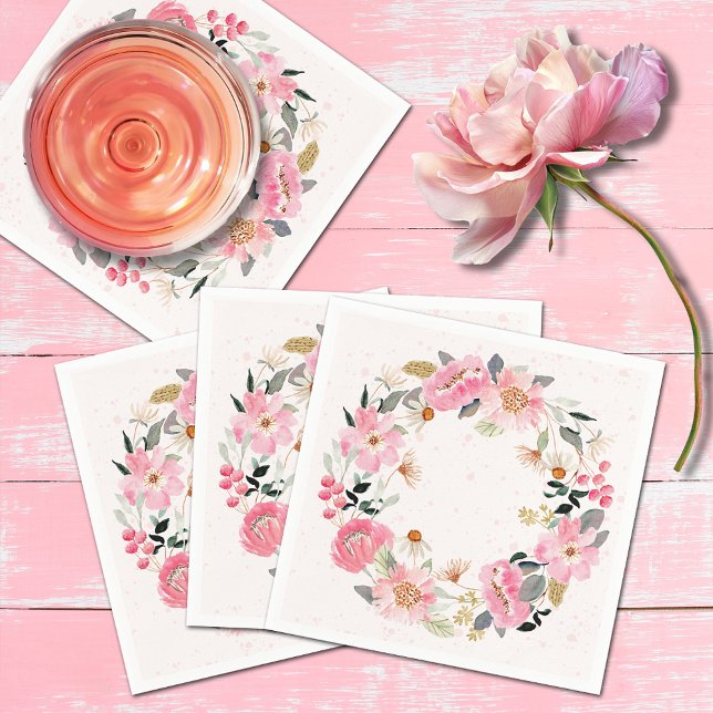 Serviette En Papier Aquarelle rose Fleurs de Jardin (Watercolor pink garden flowers bridal shower napkins)