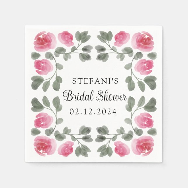 Serviette En Papier Aquarelle Rose Fleurs Personnalisées (Devant)