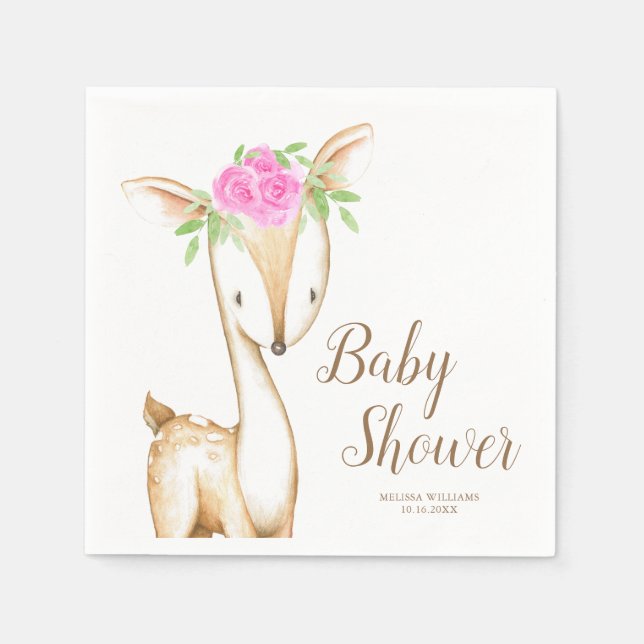 Serviette En Papier Aquarelle rose Floral Cerf Baby shower fille (Devant)