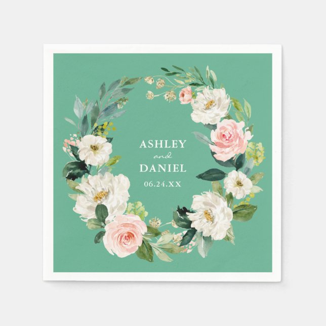 Serviette En Papier Aquarelle rose Floral Mariage Neo Mint (Devant)