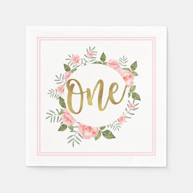 Serviette En Papier Aquarelle rose Floral Or un premier anniversaire (Devant)