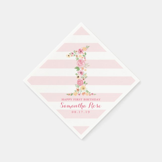 Serviette En Papier Aquarelle rose Floral un premier anniversaire (Coin)