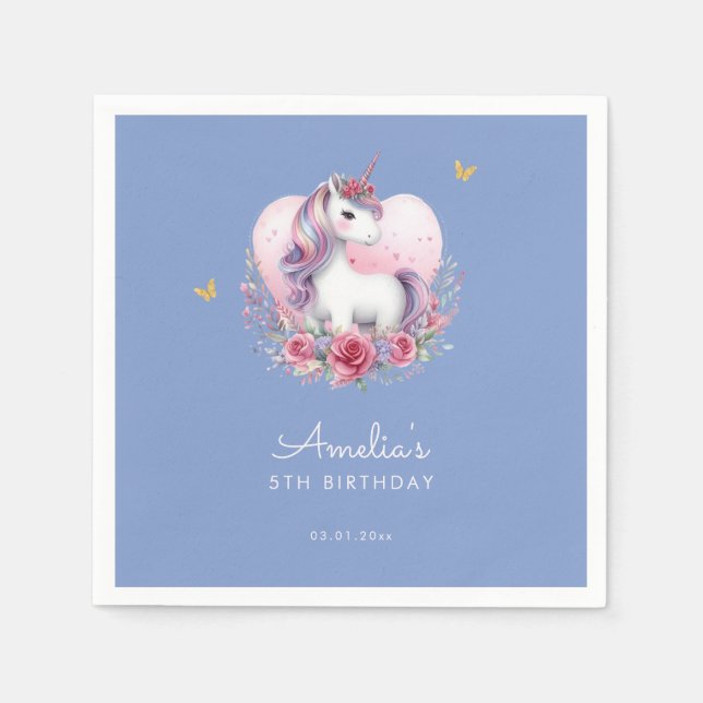 Serviette En Papier Aquarelle rose Floral Unicorn Moderne Anniversaire (Devant)