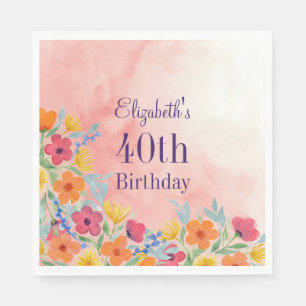 Serviette En Papier Aquarelle rose Florals 40e anniversaire