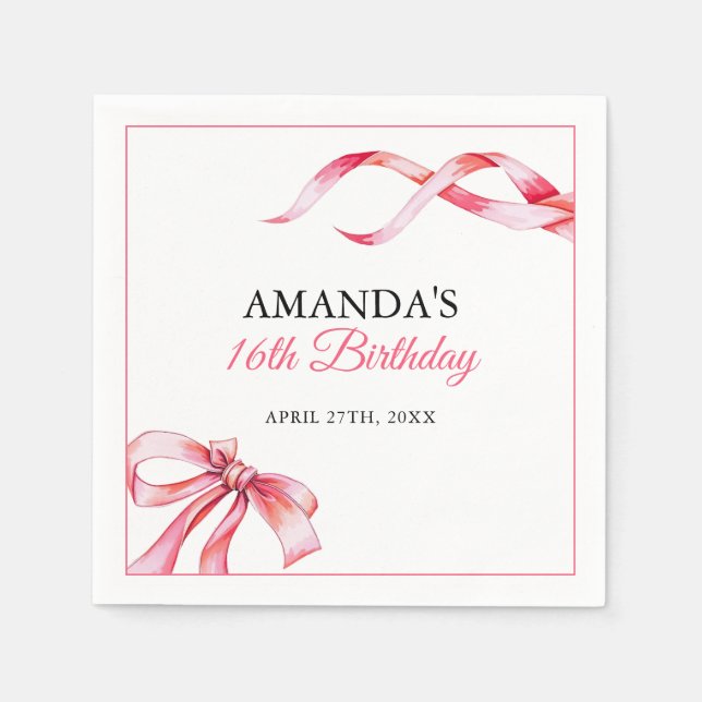 Serviette En Papier Aquarelle rose Flow Ribbon Sweet 16 Anniversaire (Devant)