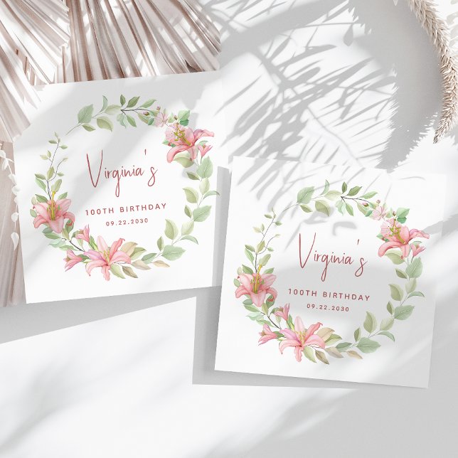 Serviette En Papier Aquarelle rose Lily Floral 100e anniversaire (Créateur téléchargé)