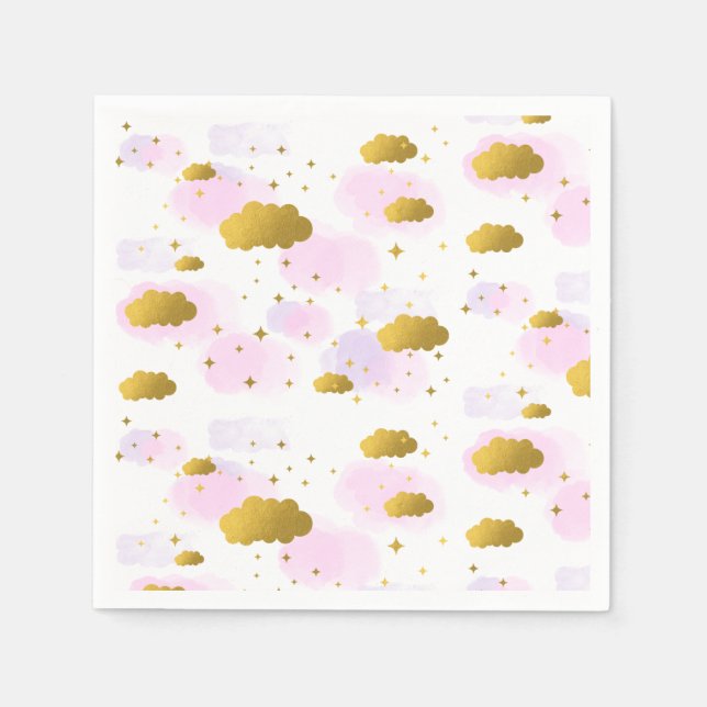 Serviette En Papier Aquarelle rose Nuages Gold Stars Sky (Devant)