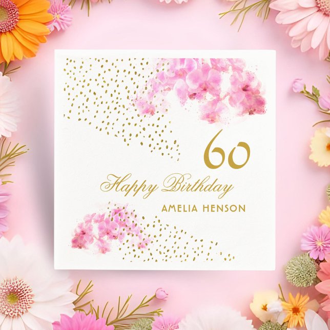 Serviette En Papier Aquarelle rose orchidée Parties scintillant or 60e (Créateur téléchargé)