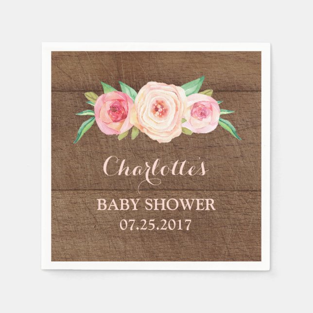 Serviette En Papier Aquarelle rose pâle Baby shower en bois fleuri (Devant)
