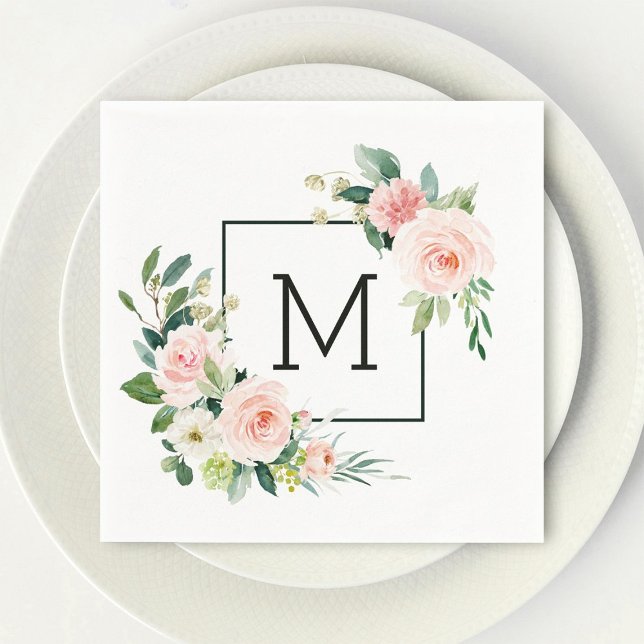 Serviette En Papier Aquarelle rose pâle Monogramme de fleur (Créateur téléchargé)