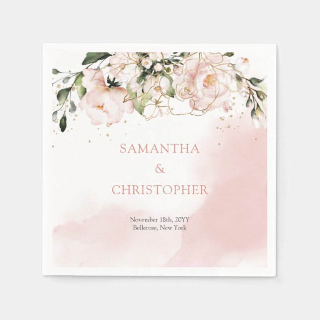 Serviette En Papier Aquarelle rose pâle Rose Mariage (Devant)