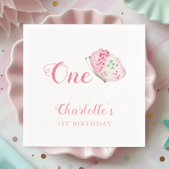 Serviette En Papier Aquarelle rose papillon 1er anniversaire fête (Créateur téléchargé)
