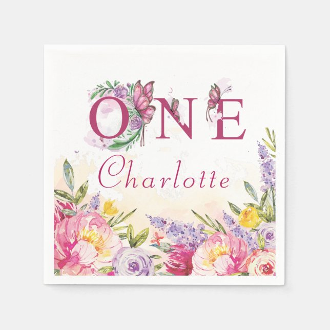 Serviette En Papier Aquarelle rose papillon Floral Anniversaire UN (Devant)