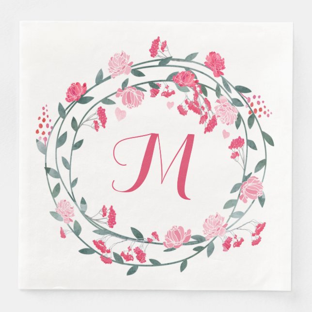 Serviette En Papier Aquarelle rose Peony Monogramme Wreath (Devant)