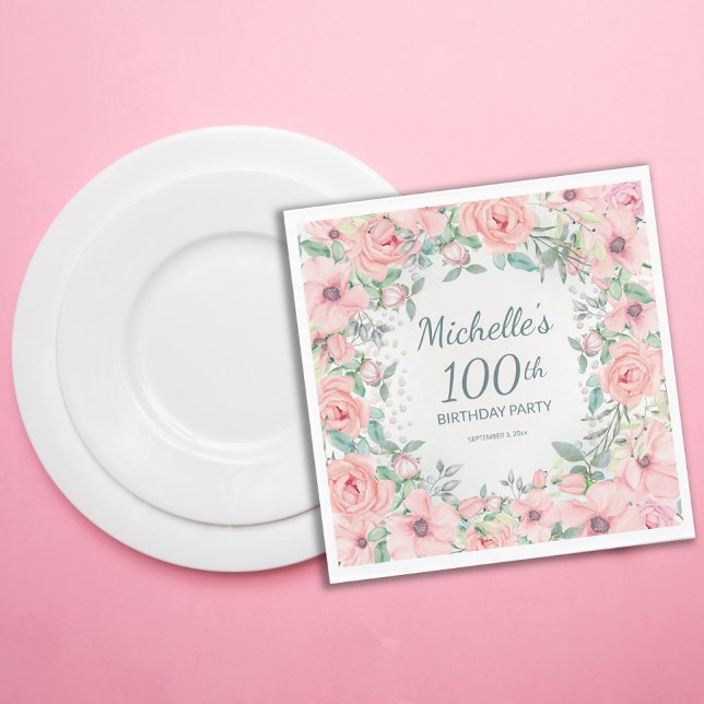 Serviette En Papier Aquarelle rose perles Roses florales 100e annivers (Blush pink floral 100th birthday party paper napkins customized with your text.)