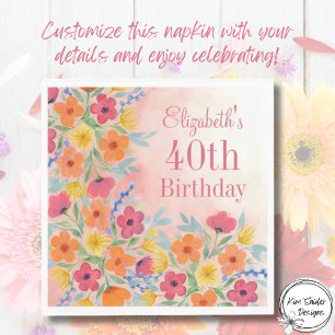 Serviette En Papier Aquarelle rose personnalisable Fleur Anniversaire