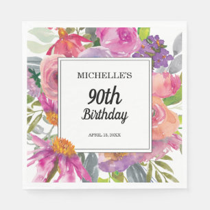 Serviette En Papier Aquarelle rose pourpre Floral 90e anniversaire