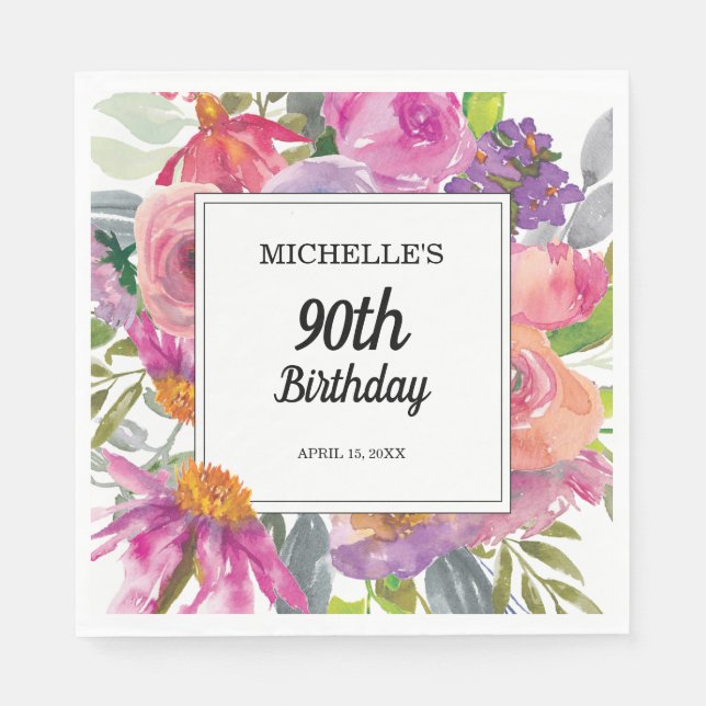 Serviette En Papier Aquarelle rose pourpre Floral 90e anniversaire (Devant)
