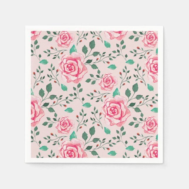 Serviette En Papier Aquarelle rose Roses & verdure | Rose pâle (Devant)