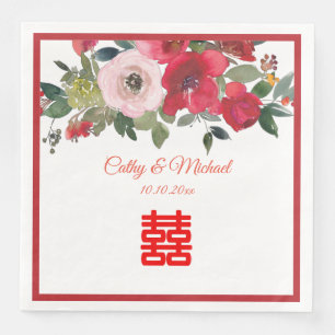 Serviette En Papier Aquarelle rose rouge floral moderne mariage chinoi