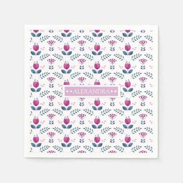 Serviette En Papier Aquarelle rose Tulipe chic monogramme (Devant)
