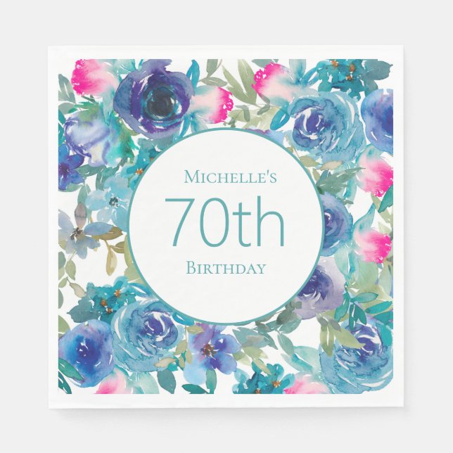 Serviette En Papier Aquarelle rose Turquoise Floral 70e anniversaire (Devant)