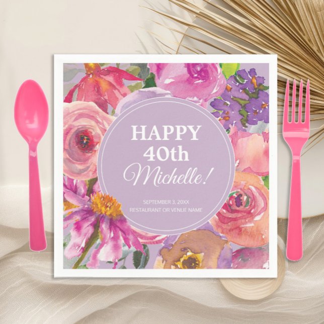 Serviette En Papier Aquarelle rose violet Floral 40e anniversaire (Pink and purple watercolor floral 40th birthday party paper napkins)