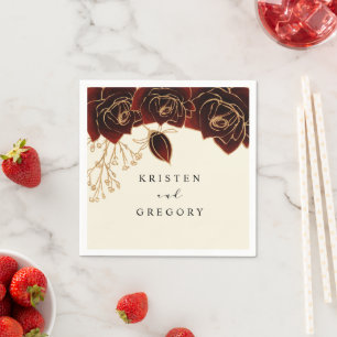 Serviette En Papier Aquarelle Roses Bourgogne Mariage or Napkins