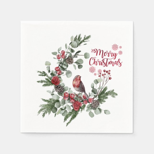 Serviette En Papier Aquarelle Rouge Cardinal Bird Wreath (Devant)