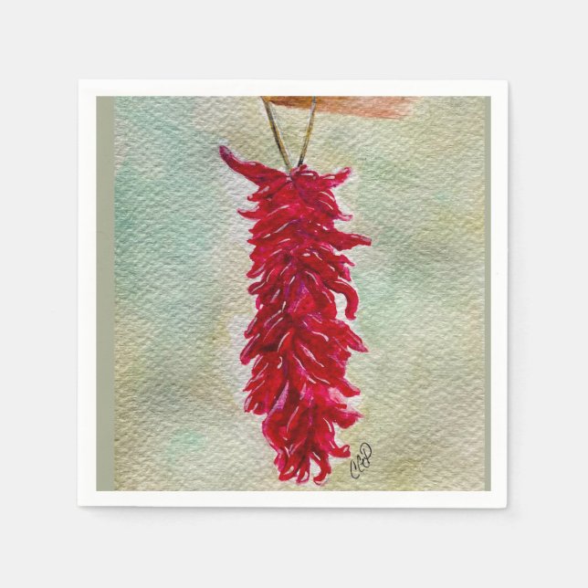 Serviette En Papier Aquarelle Rouge Chili Ristra Nouveau Mexique (Devant)