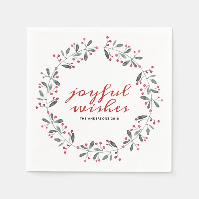 Serviette En Papier Aquarelle rouge et verte Holly Christmas Wreath (Devant)