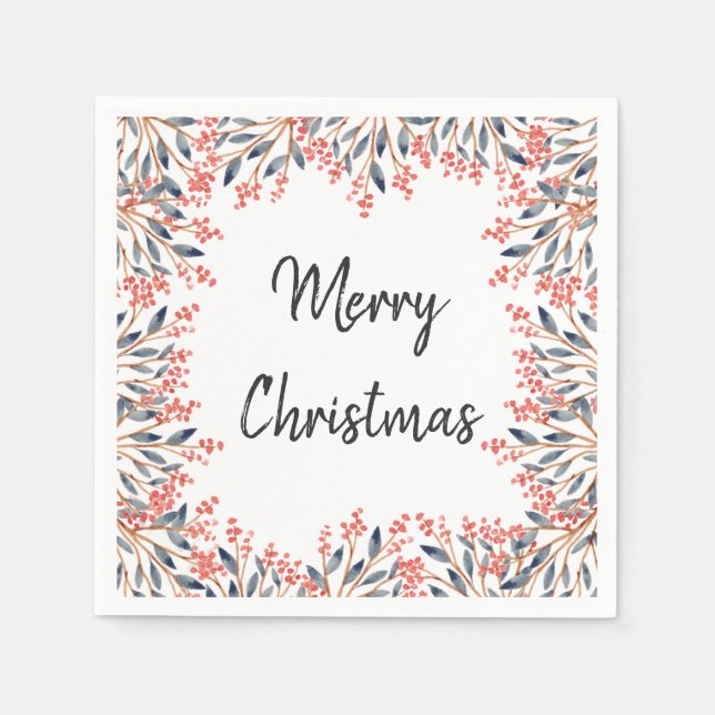 Serviette En Papier Aquarelle Rouge Fête d'hiver Berries Feuilles (Devant)