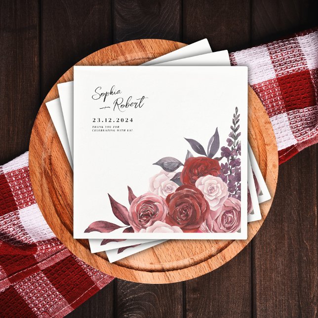 Serviette En Papier Aquarelle Rouge Fleur Mariage Personnalisé (Créateur téléchargé)