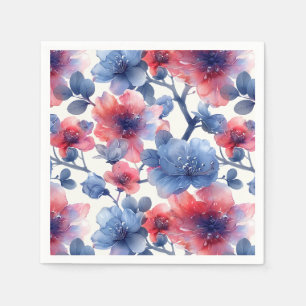 Serviette En Papier Aquarelle rouge, fleurs bleues sur le blanc