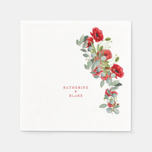 Serviette En Papier Aquarelle Rouge Floral & Eucalyptus Noms Mariage