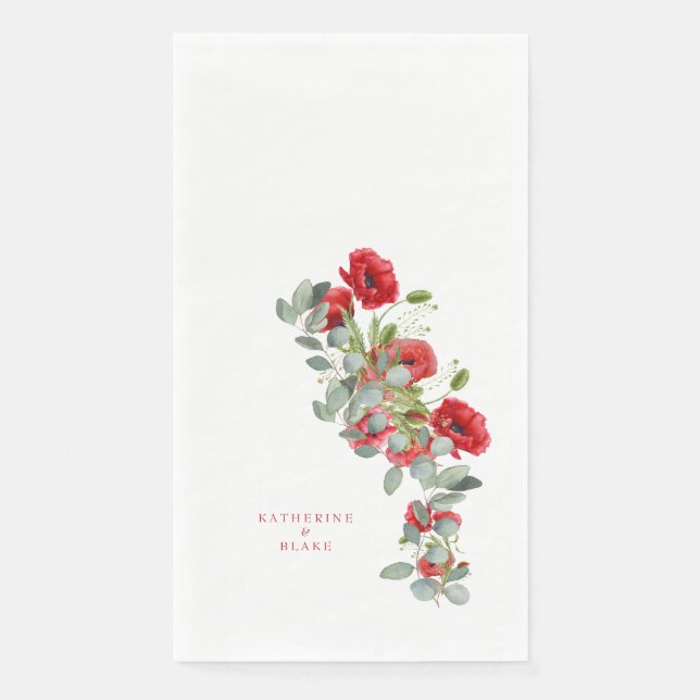 Serviette En Papier Aquarelle Rouge Floral & Eucalyptus Noms Mariage