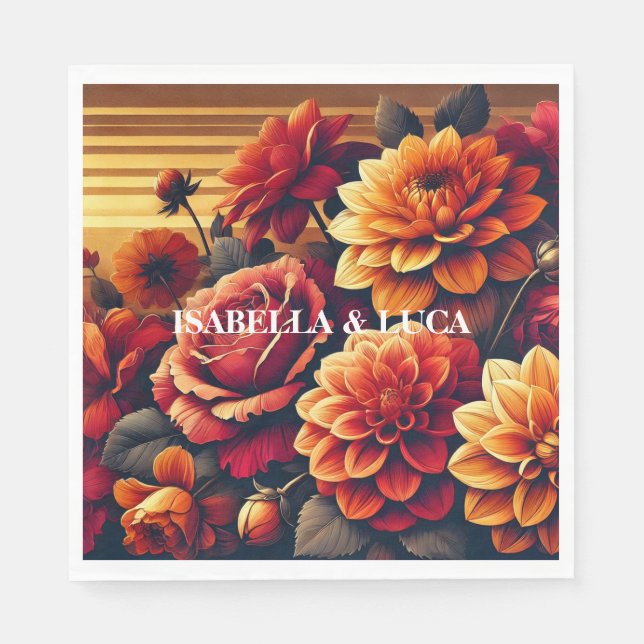 Serviette En Papier Aquarelle rouge gras et orange Floral Élégant (Devant)