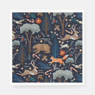 Serviette En Papier Aquarelle rustique Bois Animaux Arbres Noël