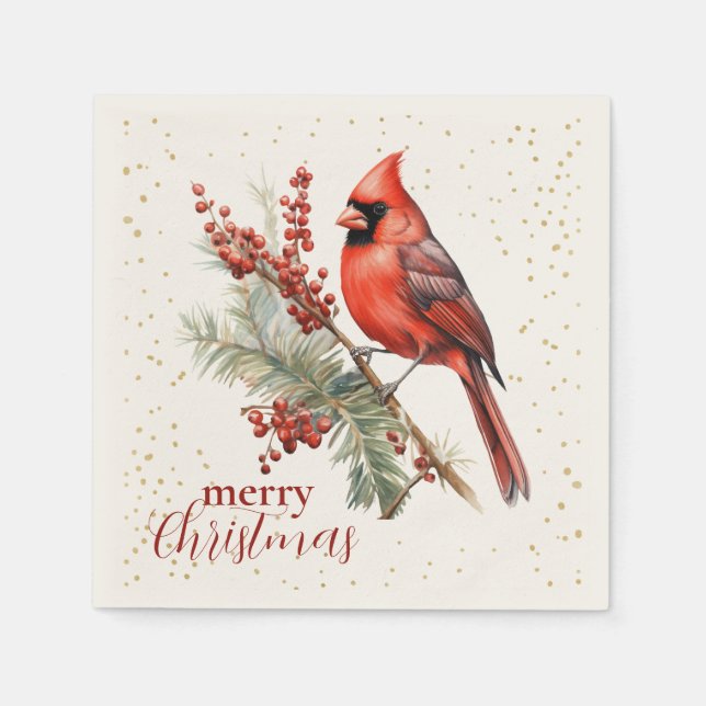 Serviette En Papier Aquarelle rustique Hiver Cardinal Holly Branche (Devant)