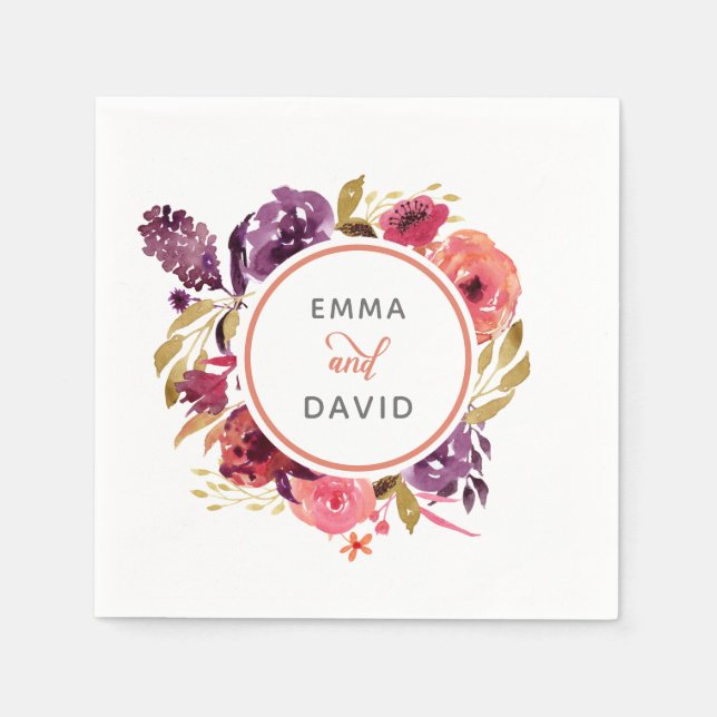 Serviette En Papier Aquarelle rustique Mariage floral rose et violet (Devant)