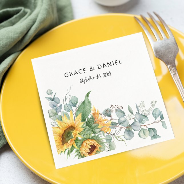 Serviette En Papier Aquarelle rustique Tournesol Eucalyptus Vert (Rustic Watercolor Sunflower Eucalyptus Greenery Napkins)