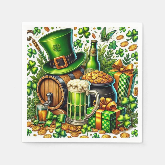 Serviette En Papier Aquarelle Saint-Patrick Bière, Pièces et Trèfle (Devant)