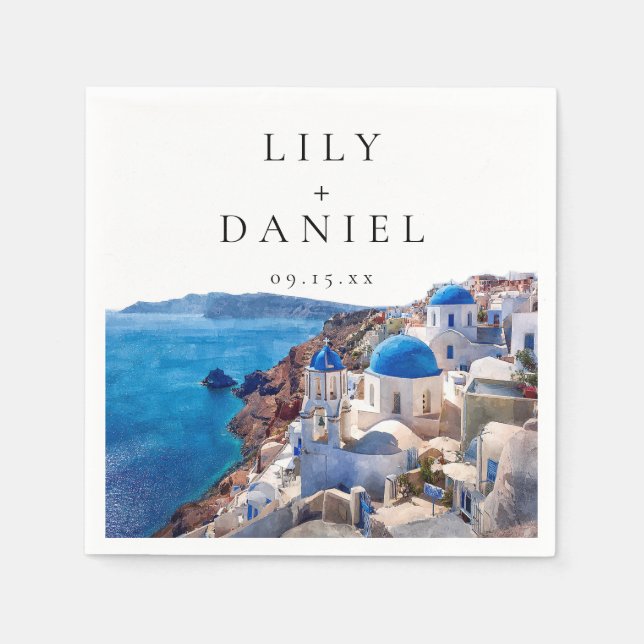 Serviette En Papier Aquarelle Santorini Grèce Destination Mariage (Devant)