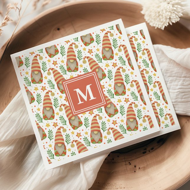 Serviette En Papier Aquarelle Scandinave Gnome Monogramme Noël (Créateur téléchargé)