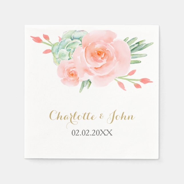 Serviette En Papier Aquarelle Succulent Blush Floral Élégant Mariage (Devant)