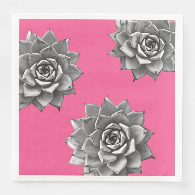 Serviette En Papier Aquarelle Succulente Gris sur rose chaud (Devant)