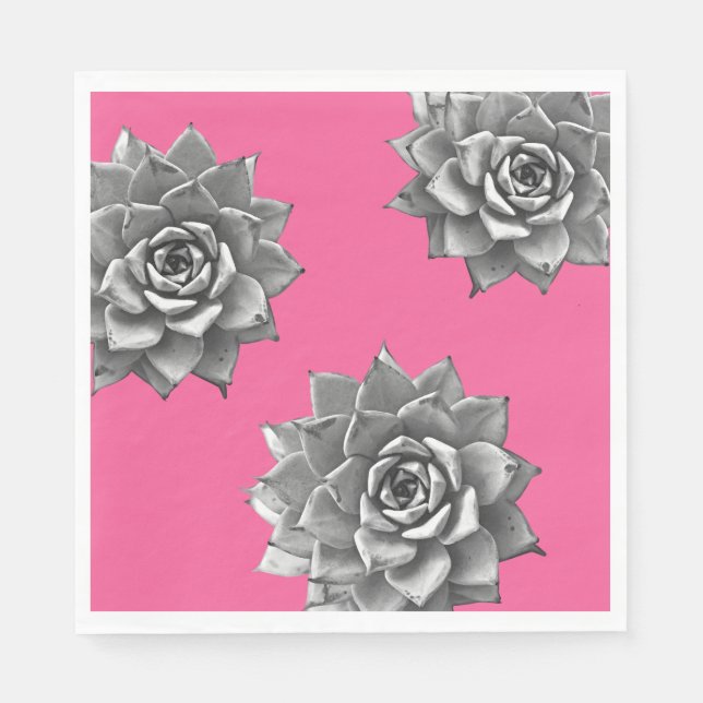 Serviette En Papier Aquarelle Succulente Gris sur rose chaud (Devant)