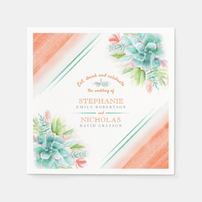 Serviette En Papier Aquarelle Succulente vert orange mariage (Devant)