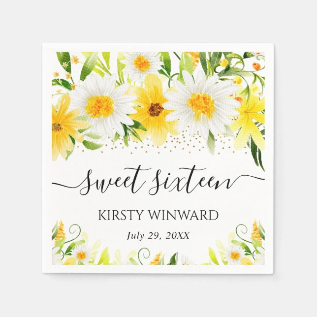 Serviette En Papier Aquarelle Sweet sixteen & Fleurs Jaunes (Devant)