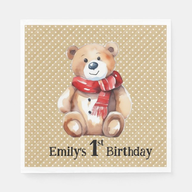Serviette En Papier Aquarelle Teddy Bear 1er anniversaire (Devant)
